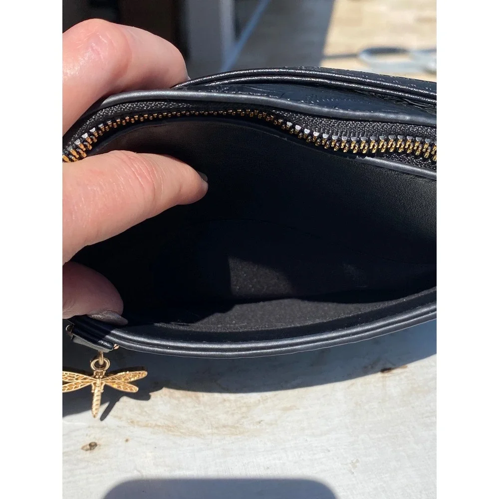 Black Floral Embossed Crossbody Dome Bag with Gold Dragonfly Charm New - Picture 9 of 12